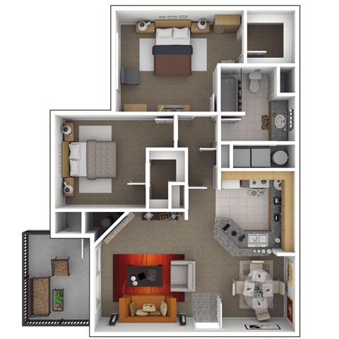 Floor plan for 2 beds, 1 bath, 940 sqft